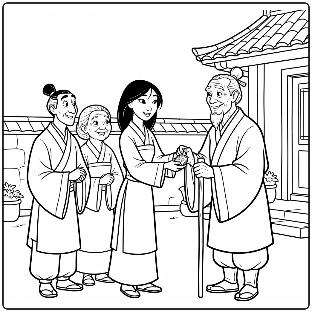 mulan Family Eer with Fa Li and Grootmoeder coloring page