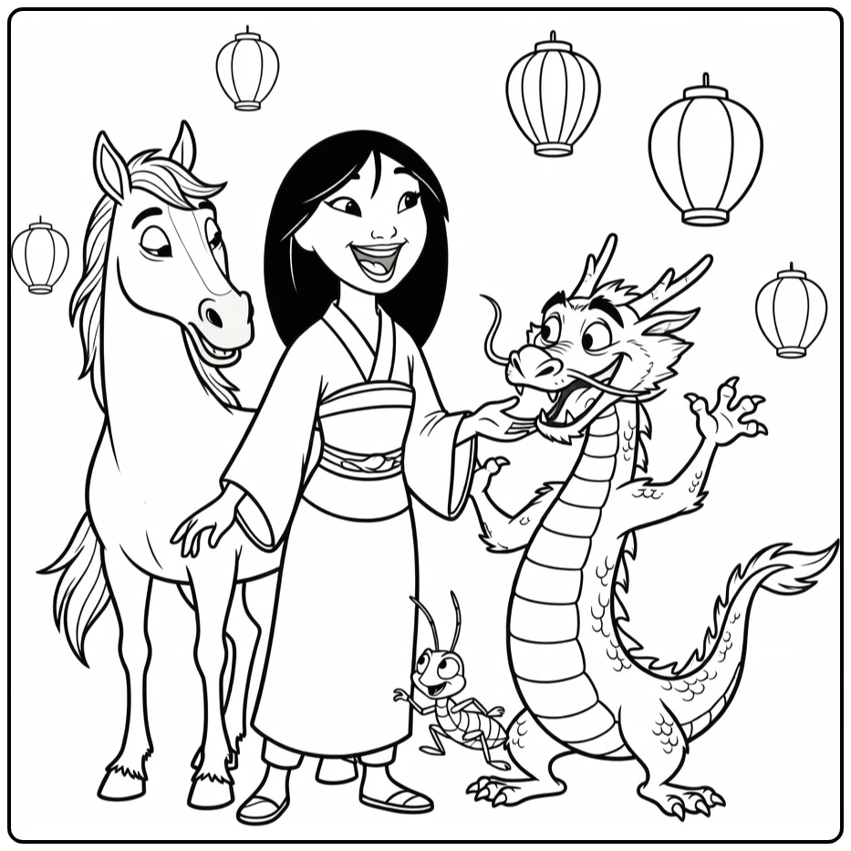 mulan coloring page funny party with mushu and friends