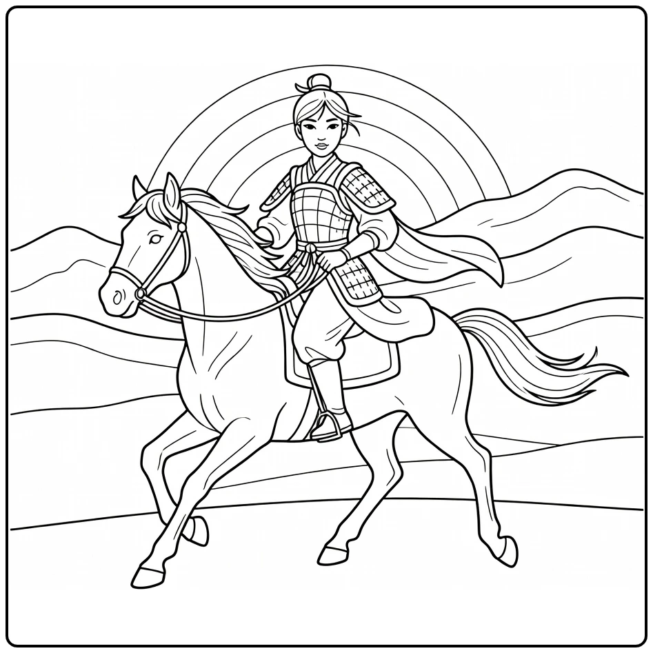 mulan coloring page herosch on paard zonsopgang