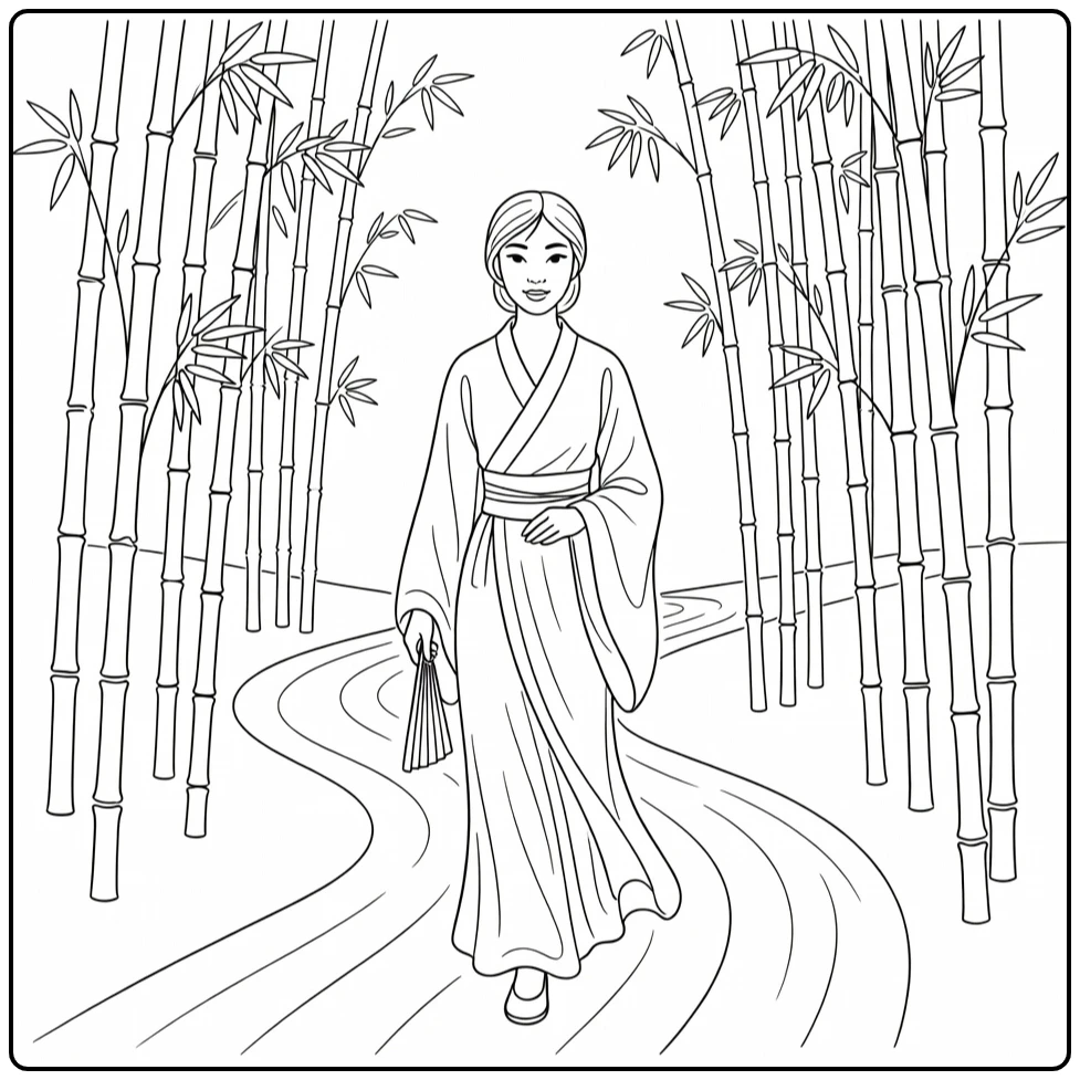mulan coloring page in bamboebos with kalme mulan and robe