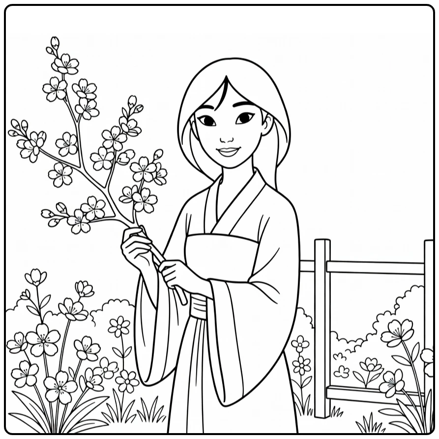 mulan coloring page with bloesemtak and poort sweet princess