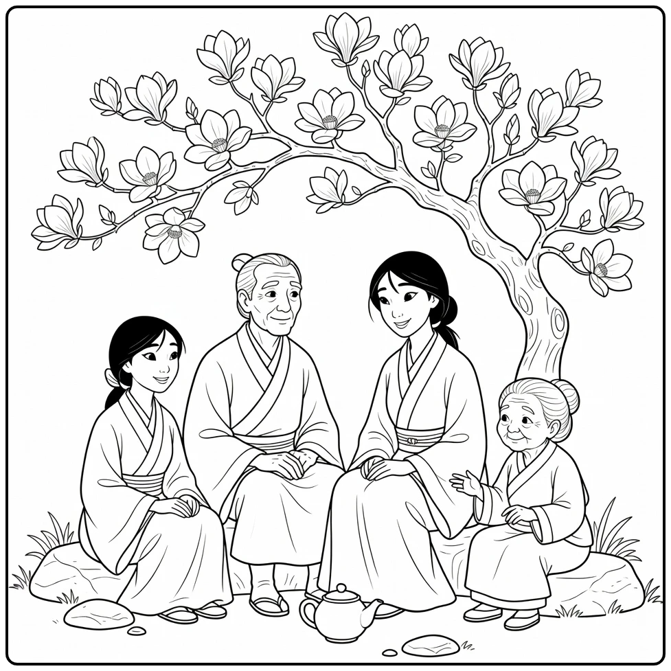 mulan Fa Family and Theepot in Tuin coloring page