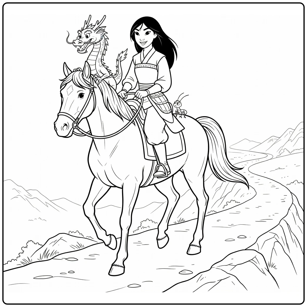 mulan coloring page with khan mushu and cri kee reis
