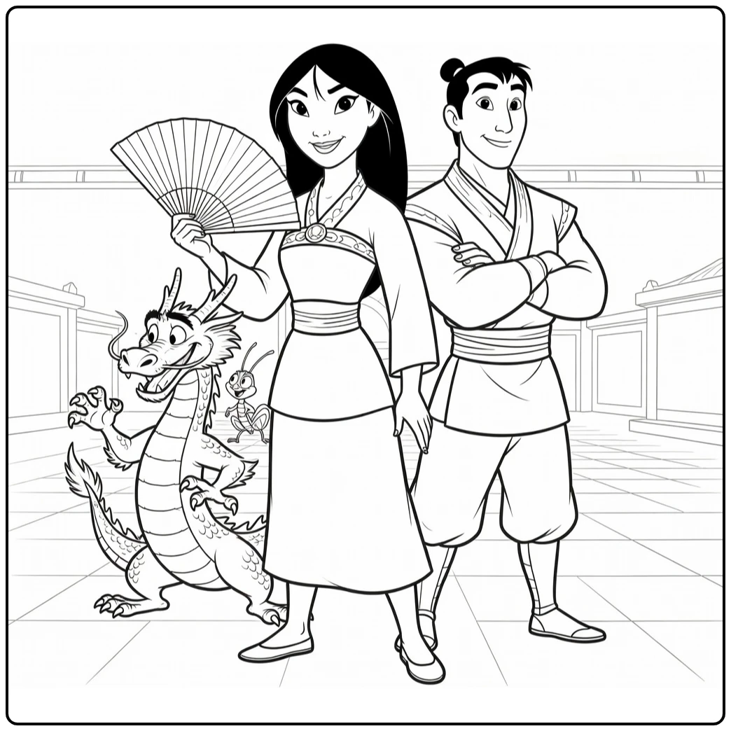 mulan coloring page with li shang mushu and cri kee in paleis