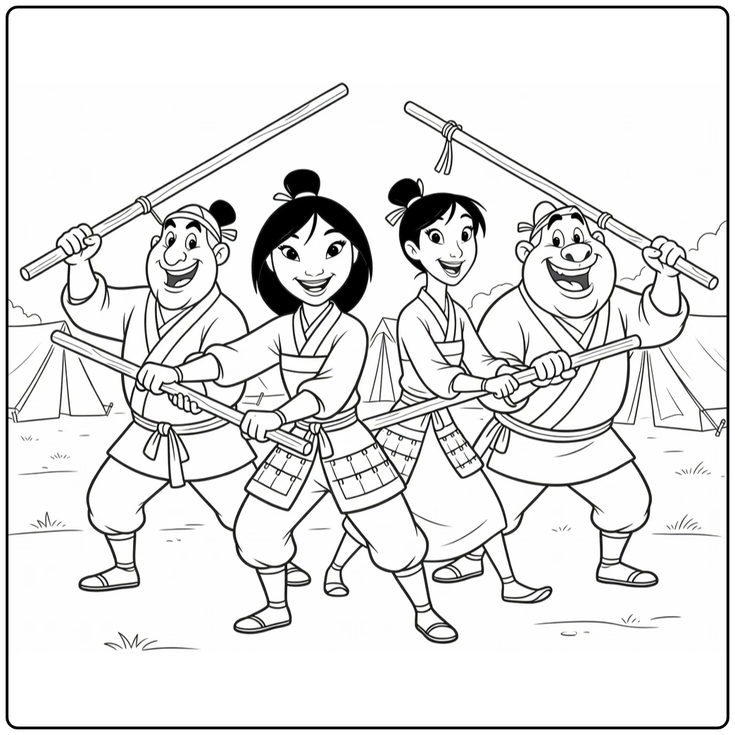mulan coloring page with playful stokkenbalans and tenten