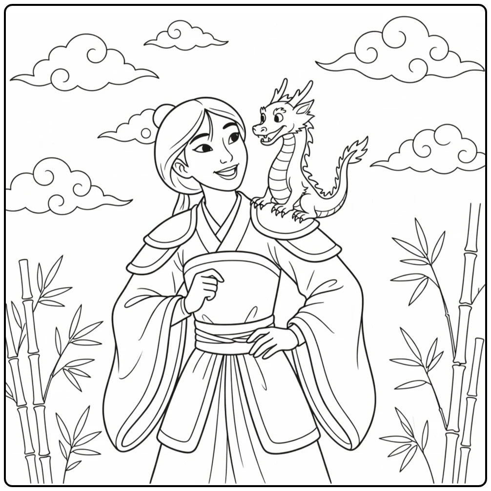 Mulan coloring page with cheerful Mulan and a small dragon