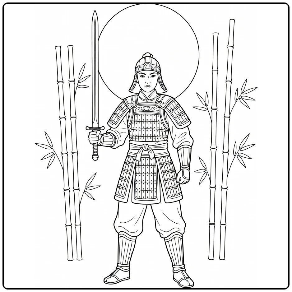 mulan coloring page with zelfverzekerde krijger and bamboe