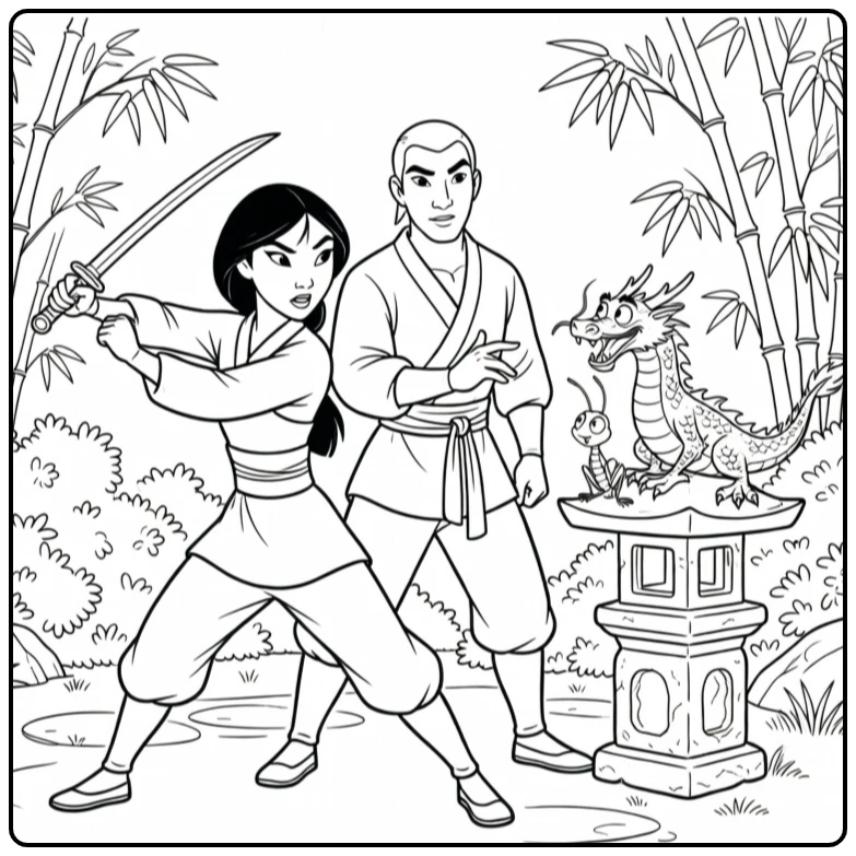 mulan coloring page mulan traint zwaard with li shang and mushu