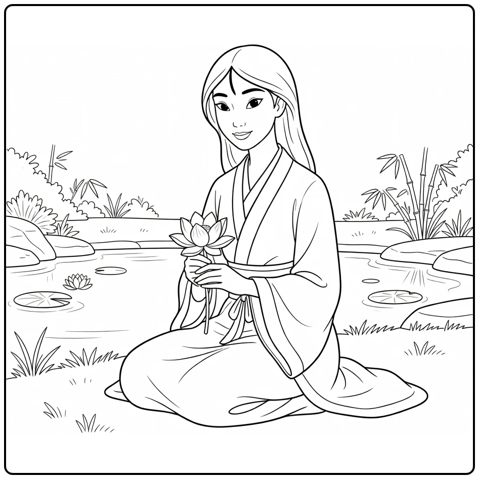 mulan coloring page mulan zittend with lotus with vijver
