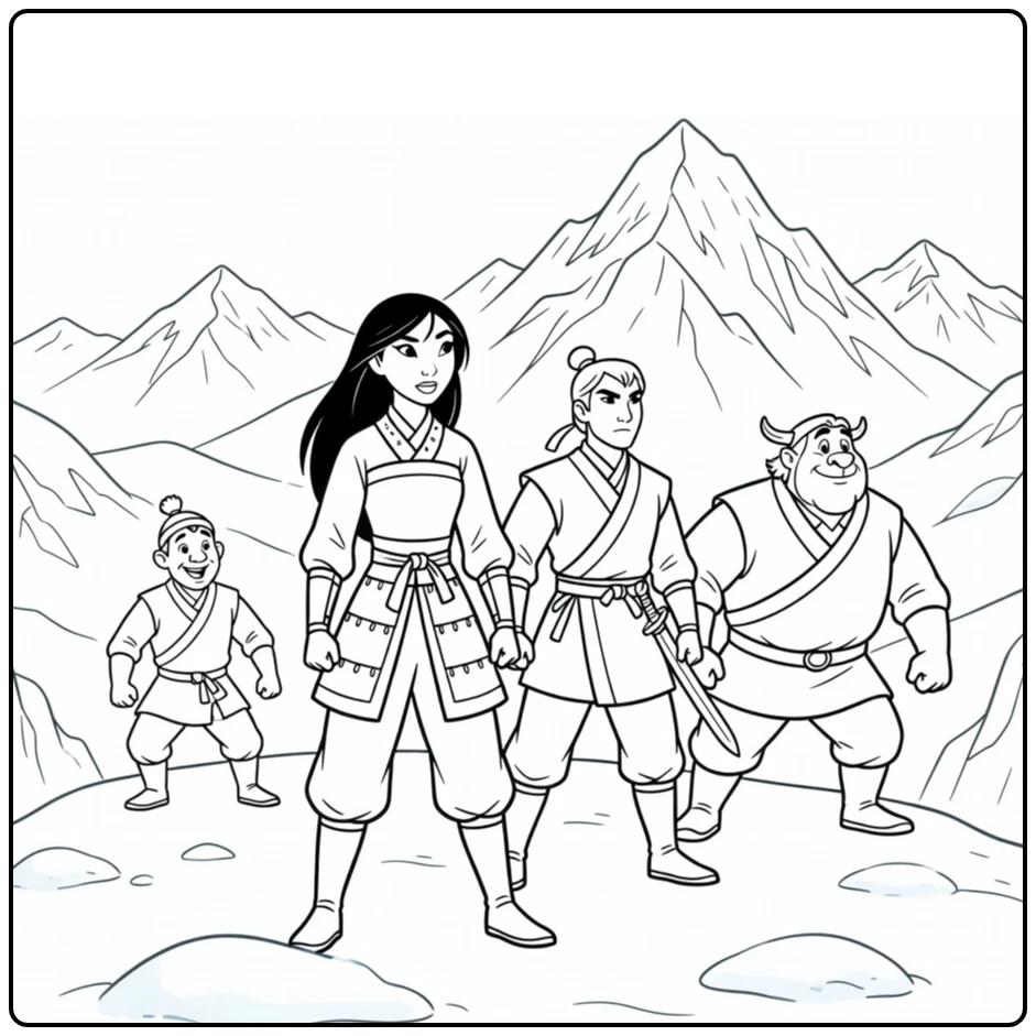 mulan coloring page on besneeuwde heuvel with shang and friends