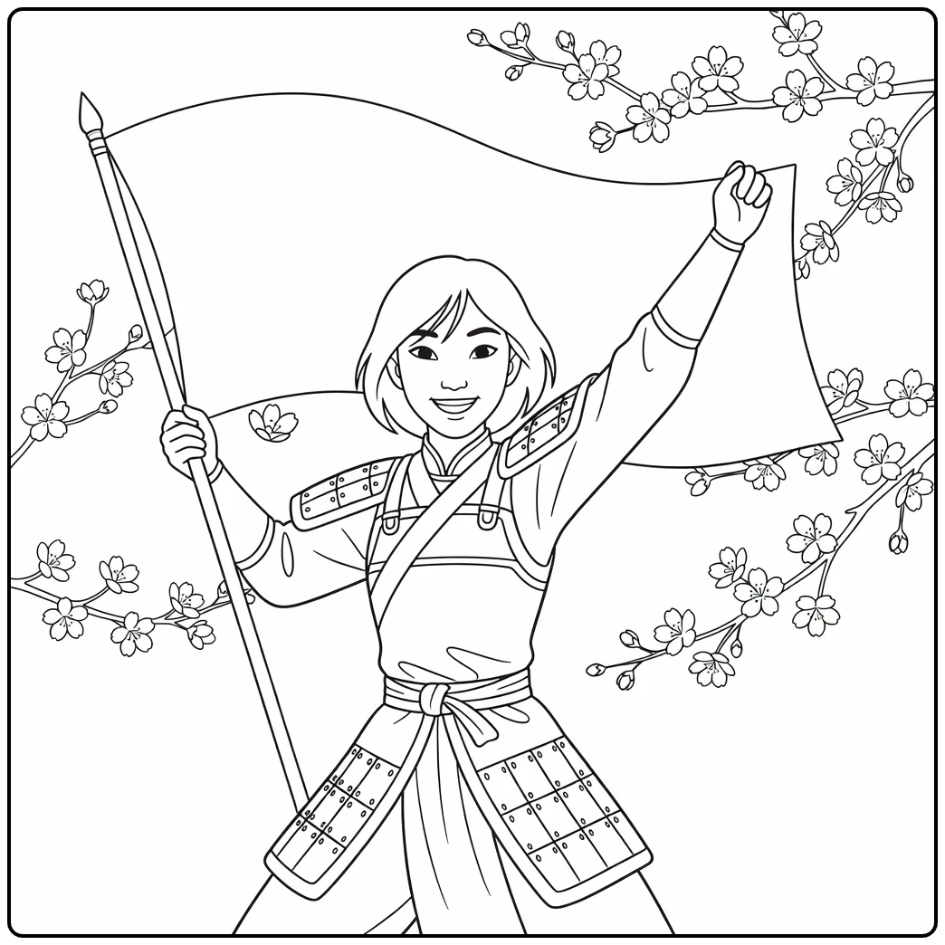 mulan coloring page of happy mulan with overwinning and bloesems