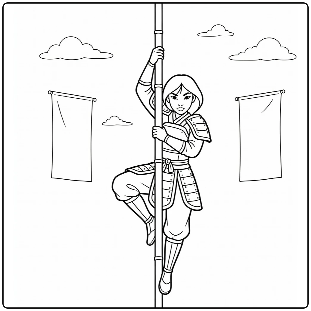mulan coloring page of klimmende mulan on hoge paal