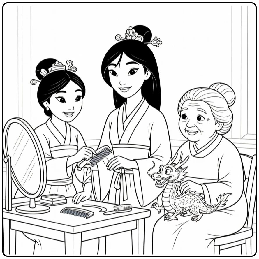 mulan Voorbereiding with Family Mushu and Kaptafel coloring page