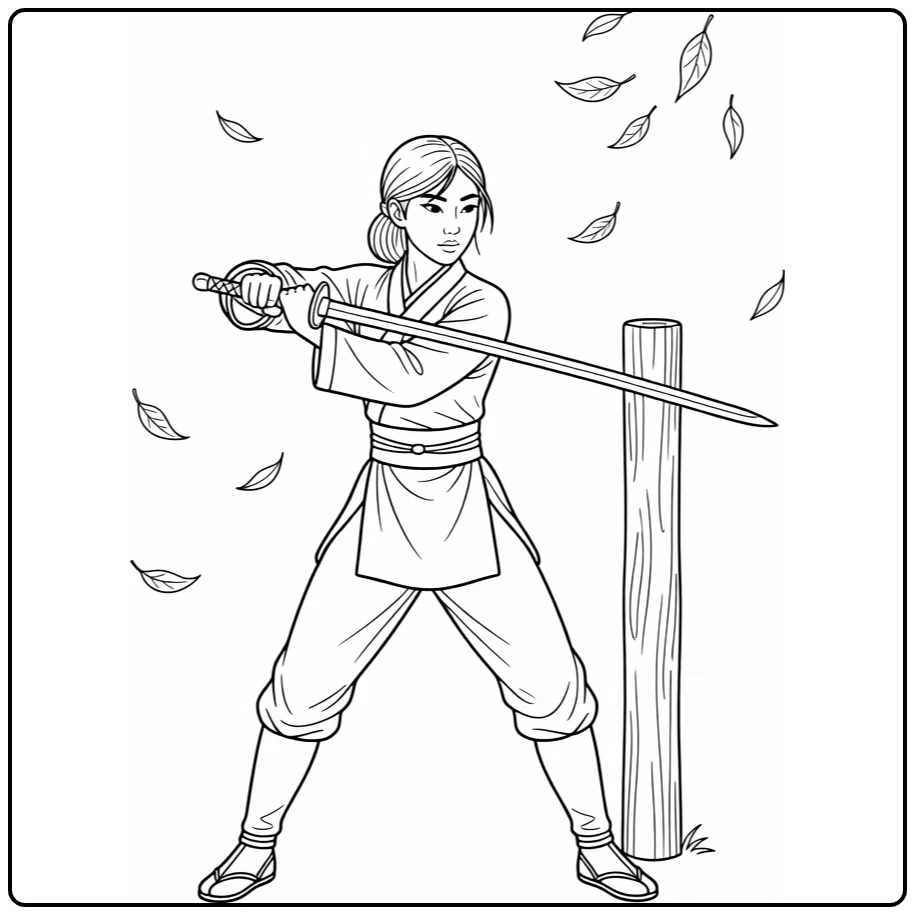 mulan coloring page zwaardbewegingen in rustige pose