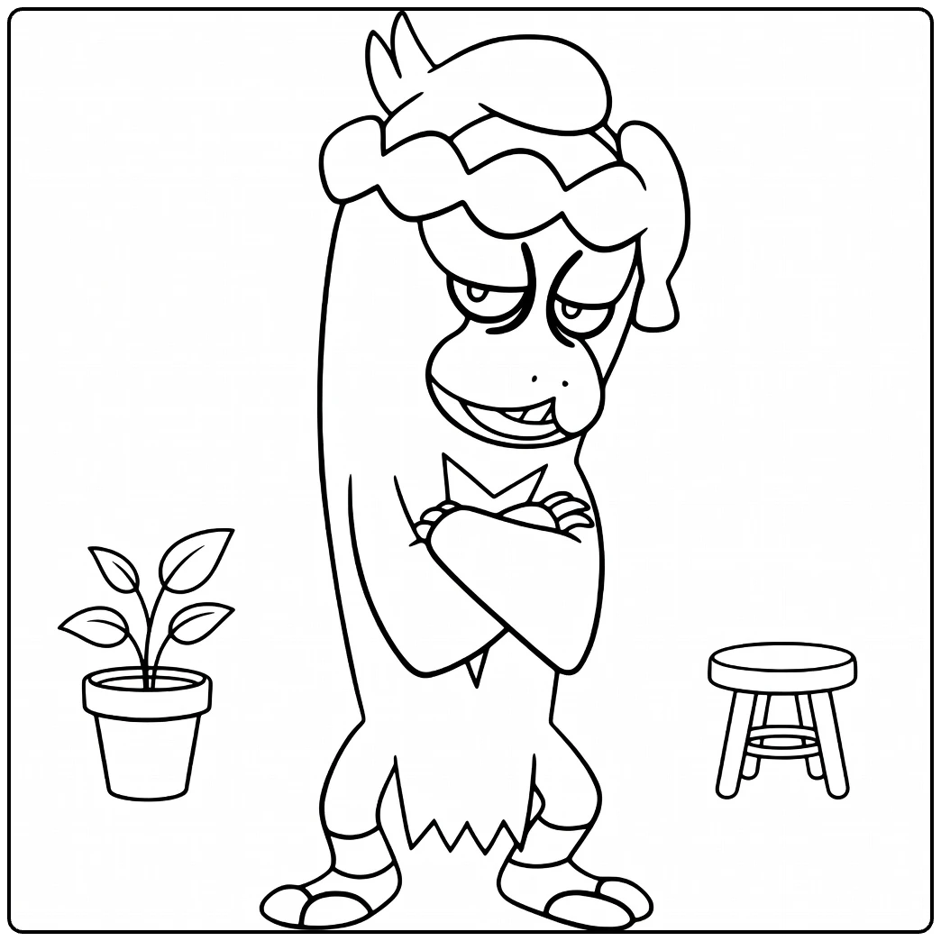 munkidori coloring page next to plant and krukje