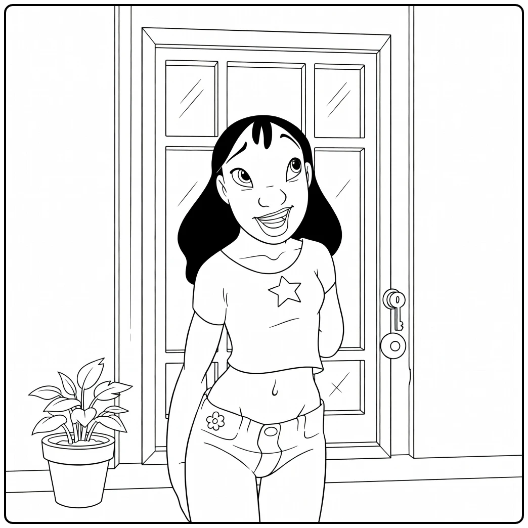 Nani and Lilo coloring page of a girl by the door with a plant