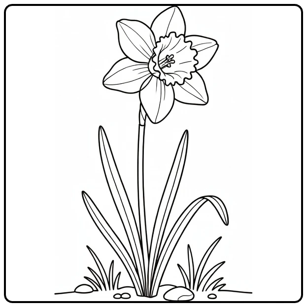 Daffodil coloring page showing a single flower blooming in a garden