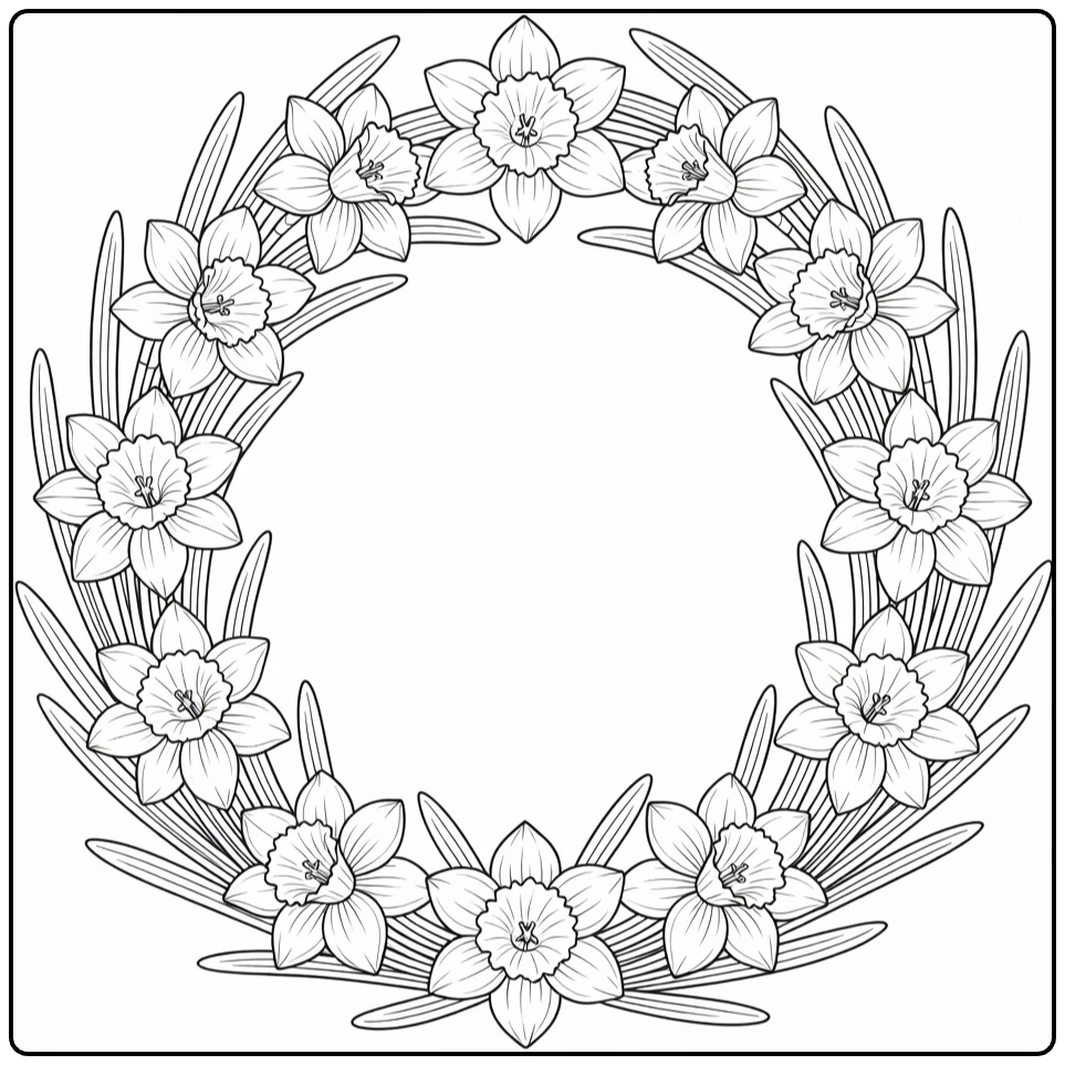 Daffodil coloring page featuring a circular wreath of spring flowers