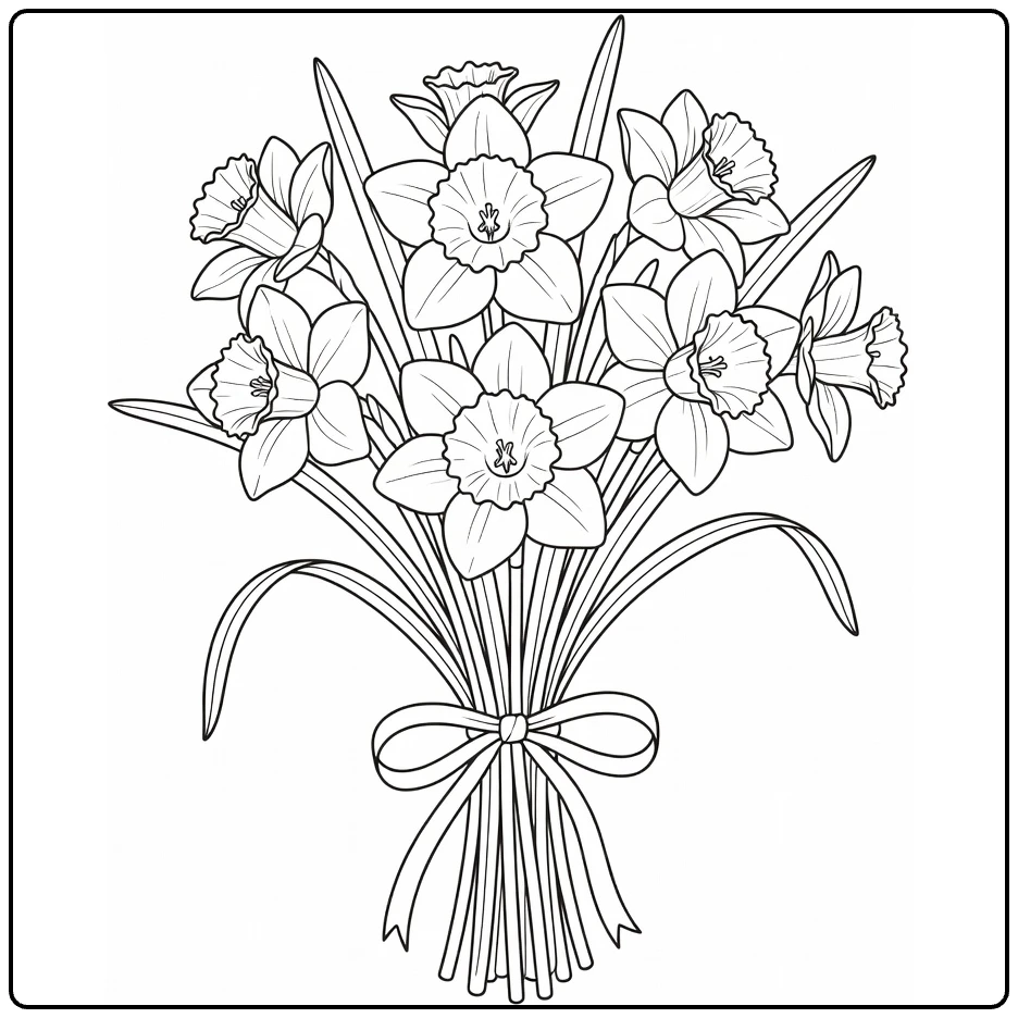 Bouquet coloring page featuring daffodils and long leaves tied with ribbon