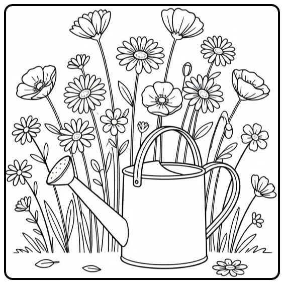 Field flower coloring page with a watering can surrounded by blooms