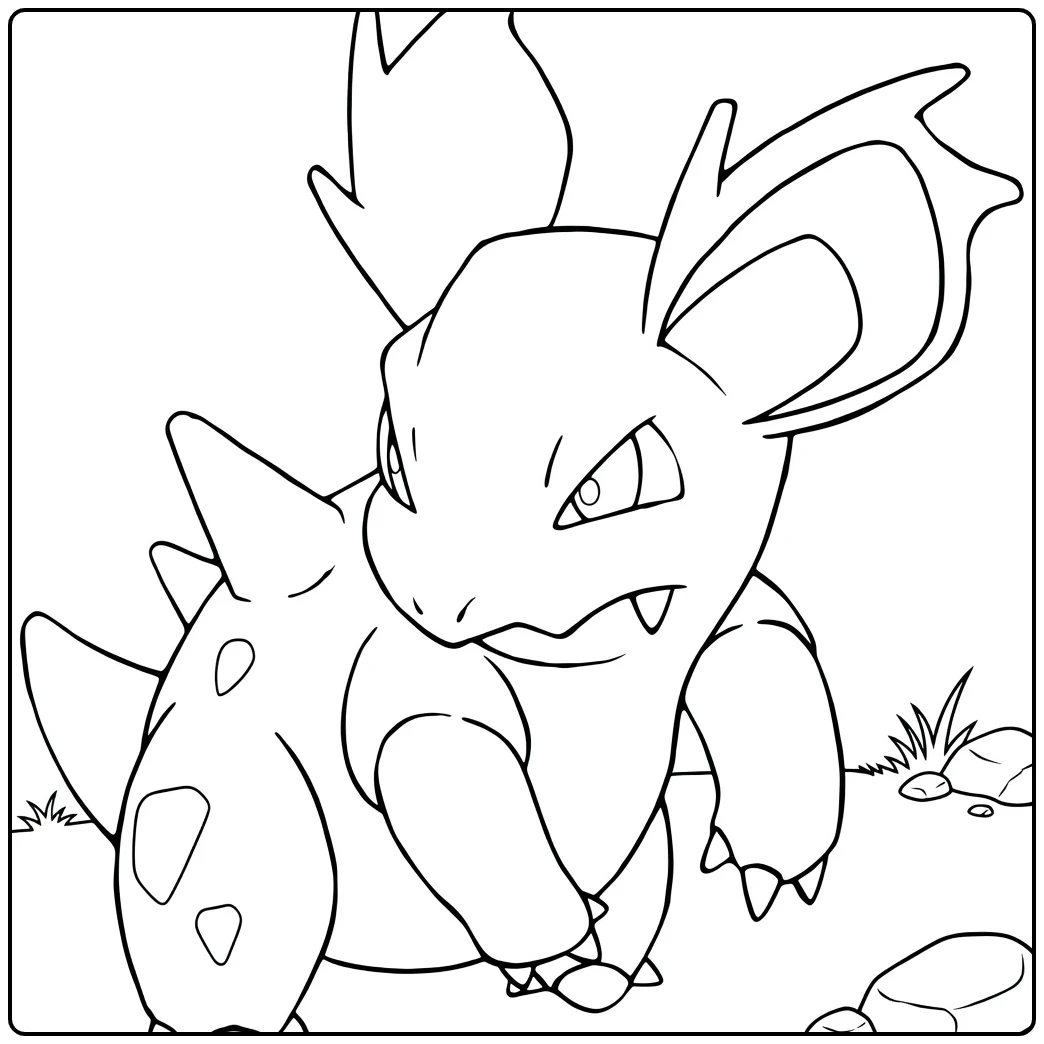 Nidoran in Action Pose on Grass with Stone coloring page