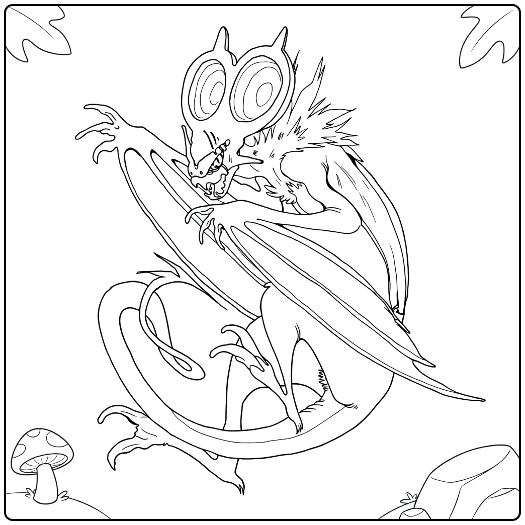 noivern coloring page in dynamische vlieghouding with paddenstoelen