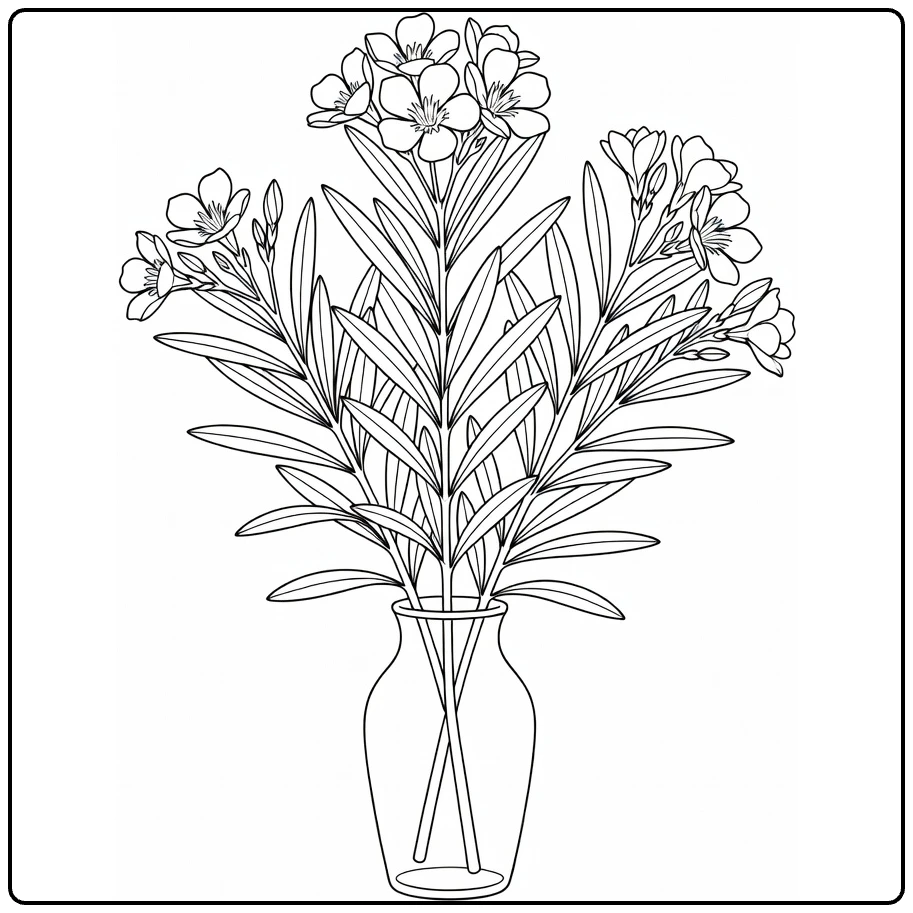 Oleander coloring page showing a flowering branch in a vase