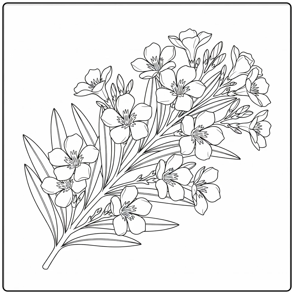 Oleander coloring page showing a branch full of blooms and buds
