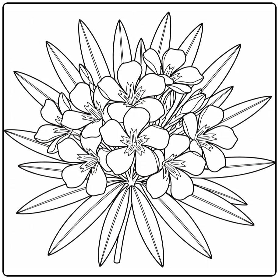 Close-up oleander coloring page with flowers and narrow leaves