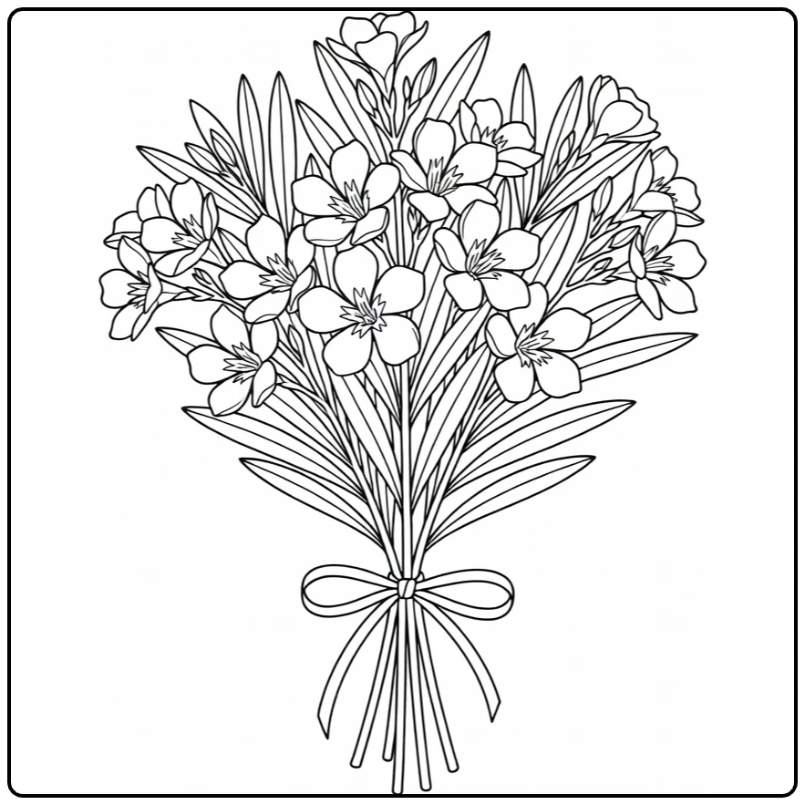 Oleander coloring page featuring a bouquet of flowers and leaves