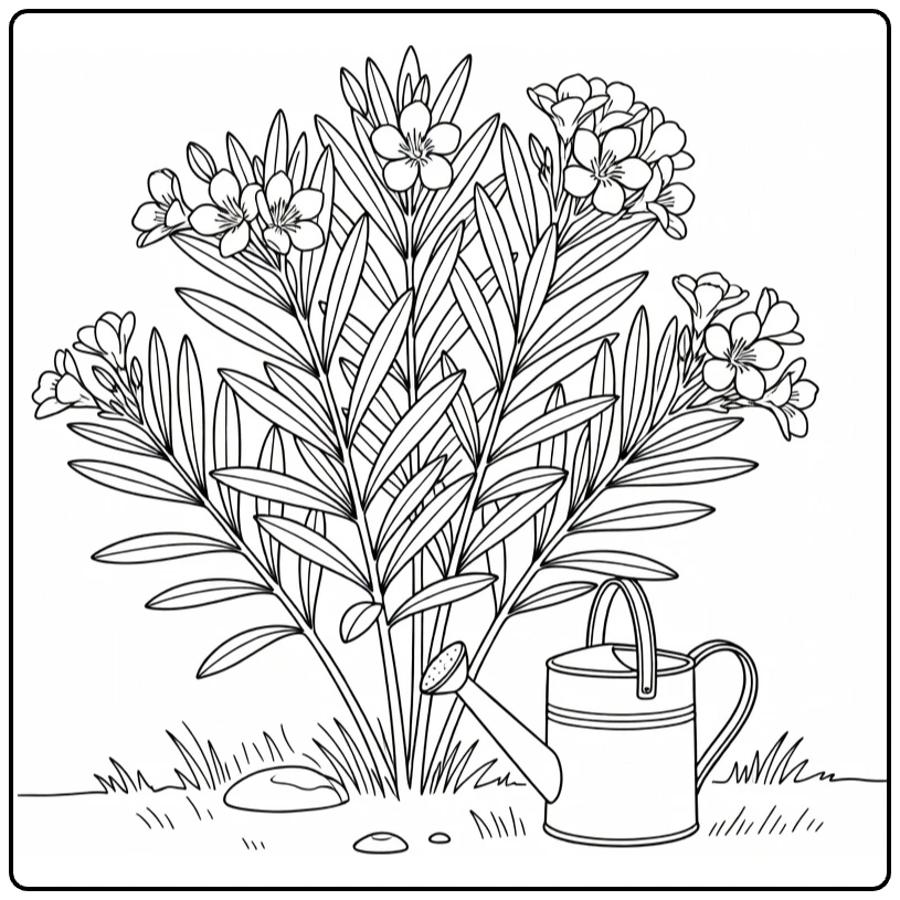 Oleander coloring page featuring a plant and watering can