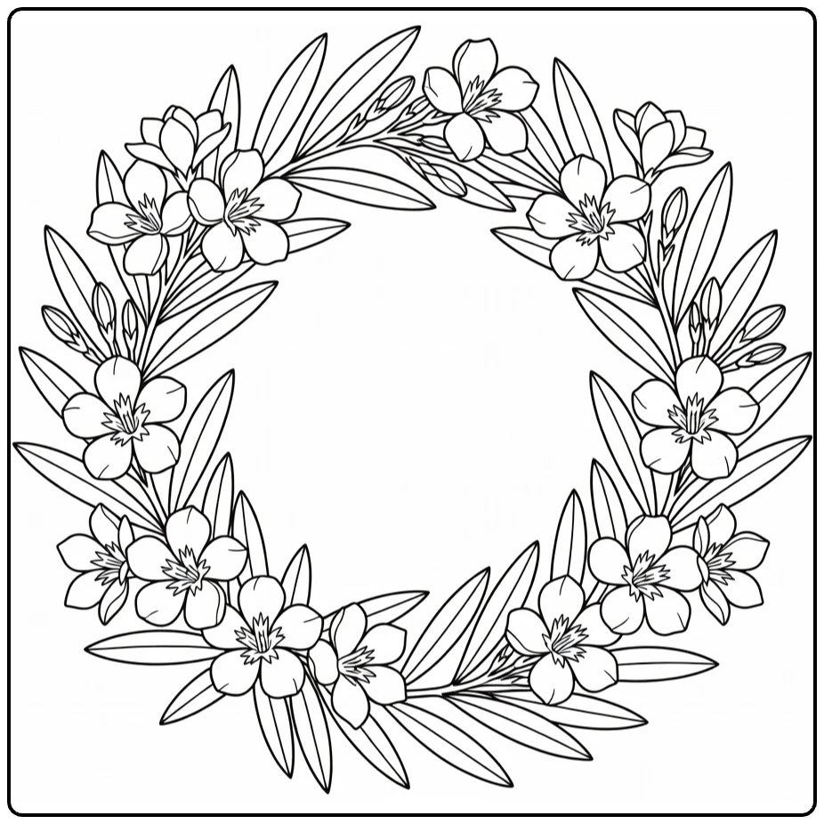 Oleander coloring page featuring a floral wreath with narrow leaves