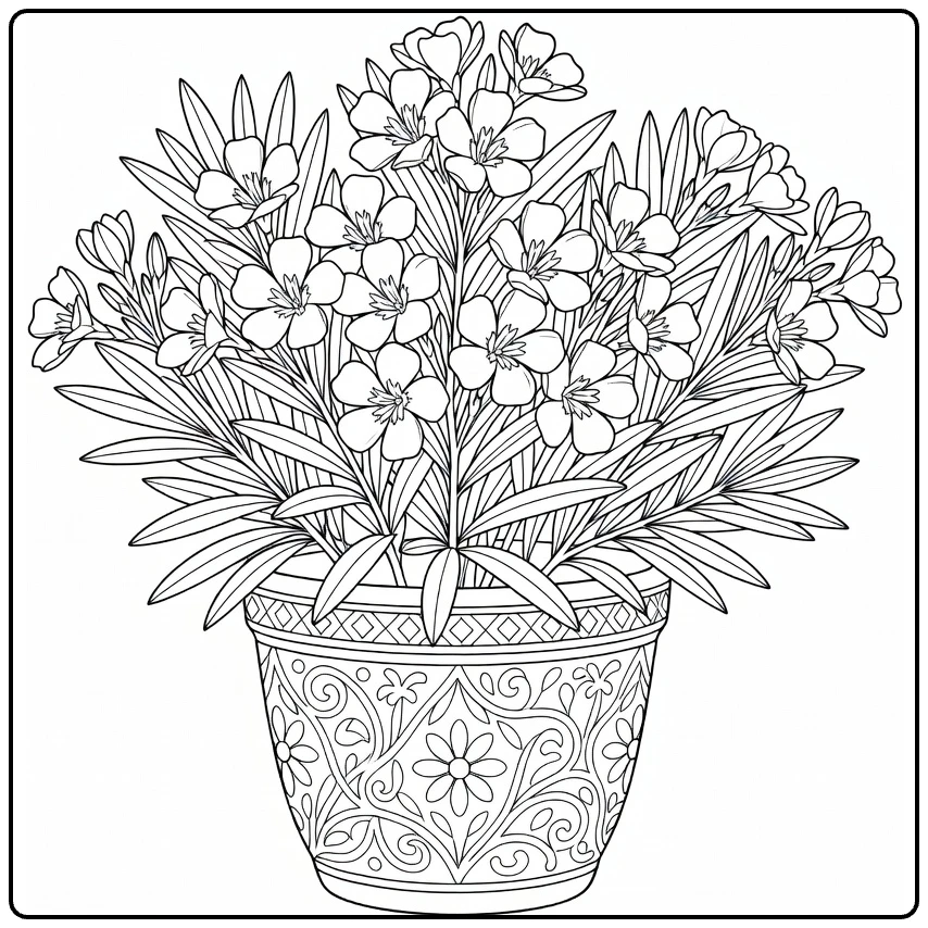Oleander coloring page showing flowers in a decorative pot