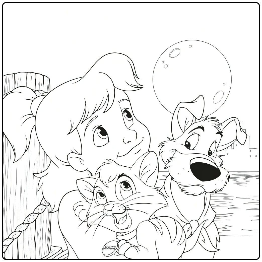 Oliver & Company coloring page with Jenny, cat, and dog under the moon