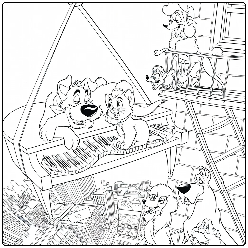 oliver Company Oliver with Friends on Piano coloring page