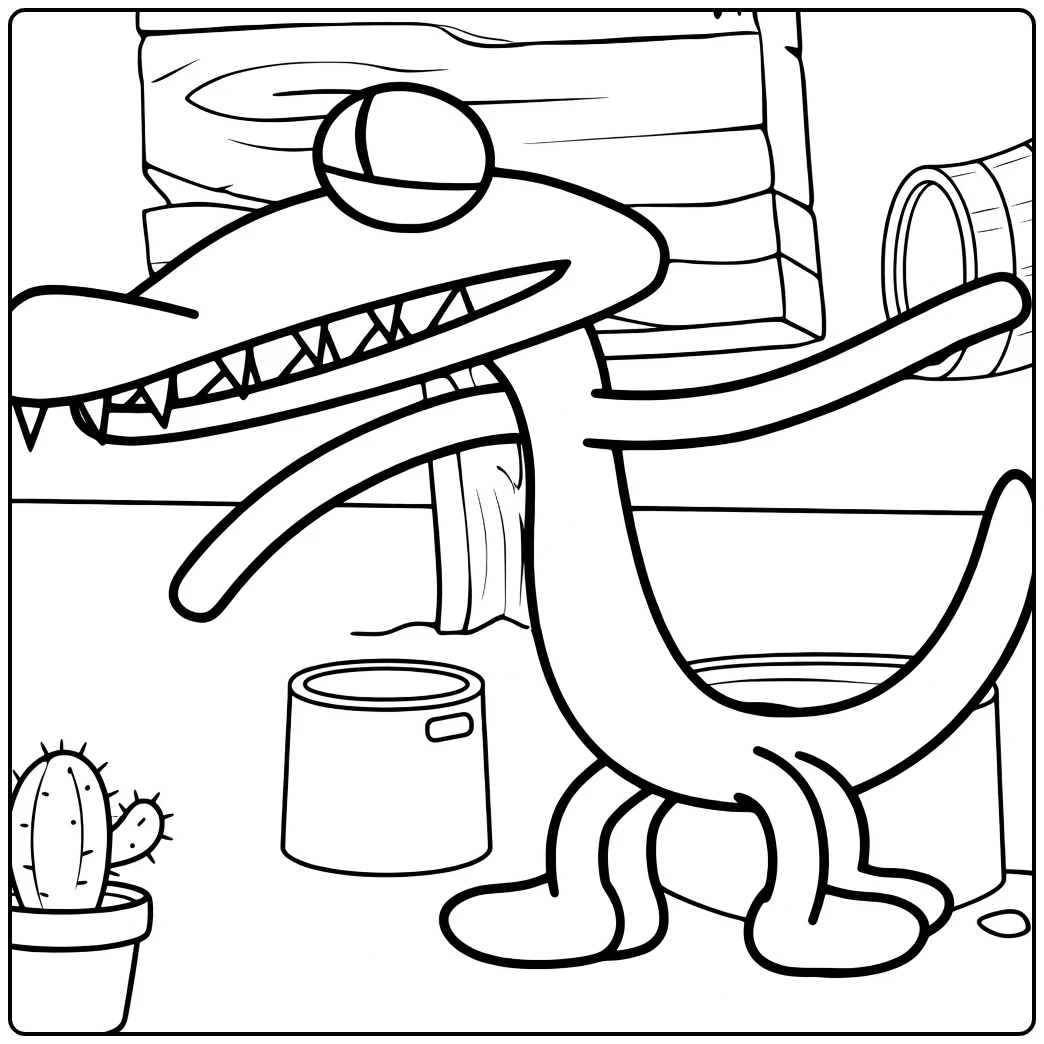 Orange Rainbow Friends coloring page featuring cacti and barrels in a desert
