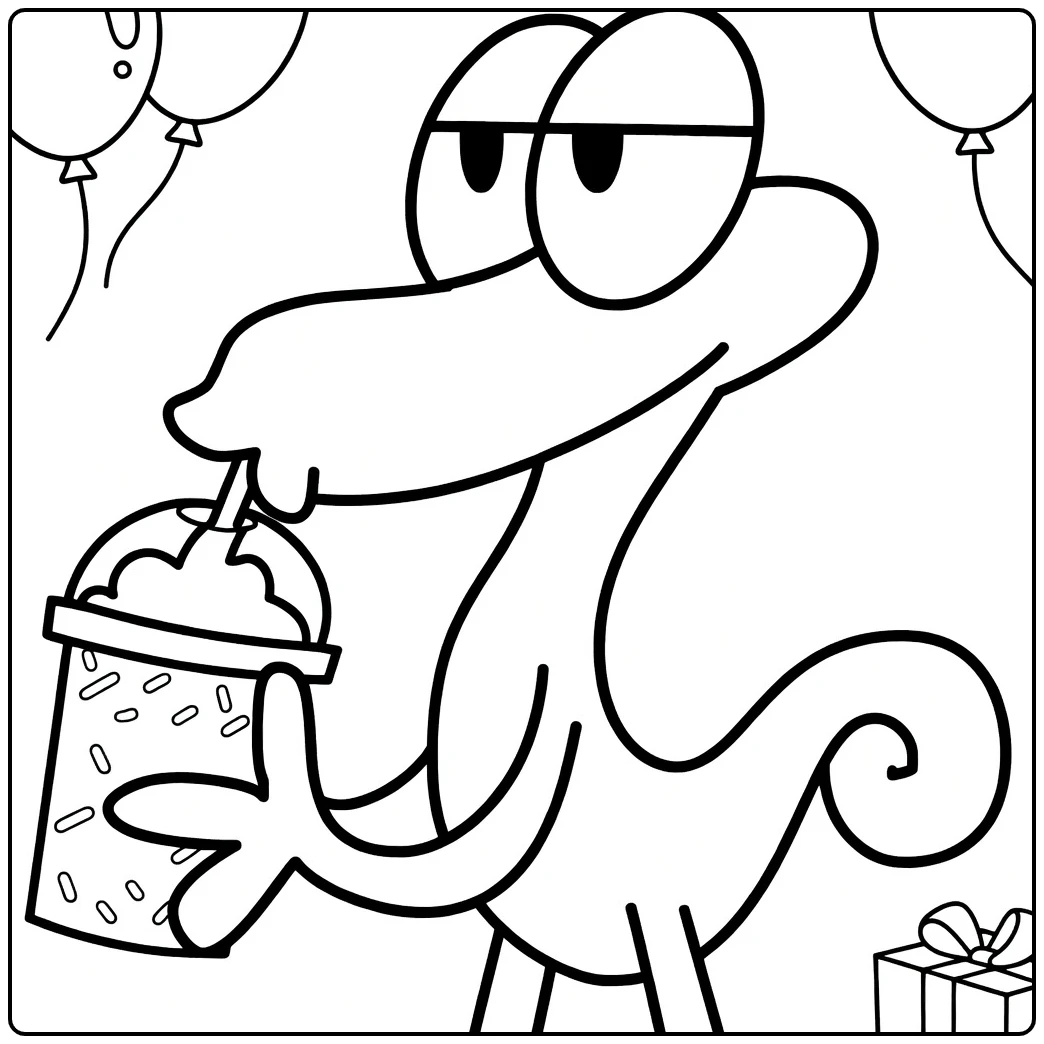 Orange Rainbow Friends coloring page showing the character with a cupcake and balloons