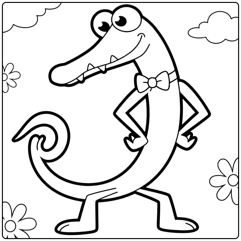 Orange Rainbow Friends coloring page featuring a dancing crocodile character
