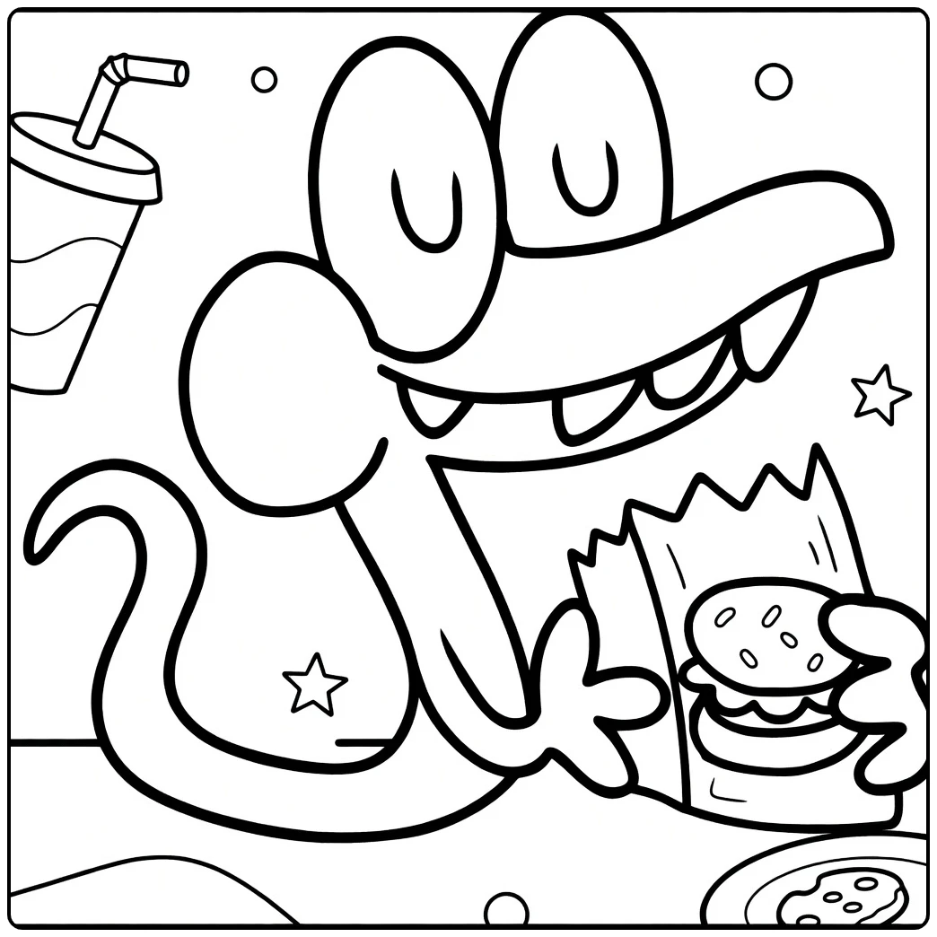Orange Rainbow Friends coloring page showing the character holding a burger