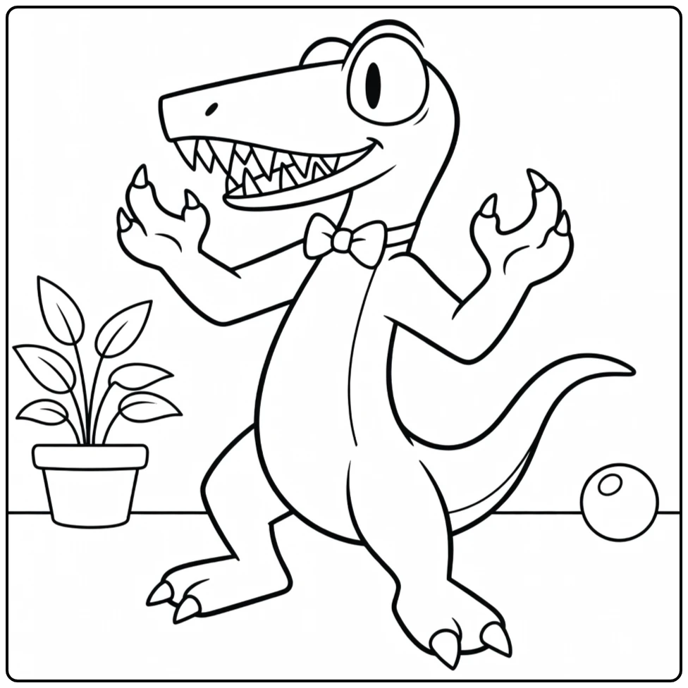 Orange Rainbow Friends coloring page showing a cute alligator character with a bow tie