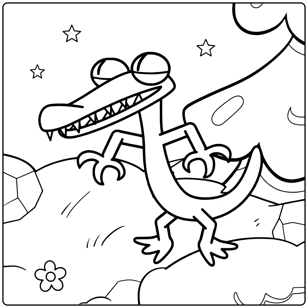 Orange Rainbow Friends coloring page showing the crocodile character on clouds
