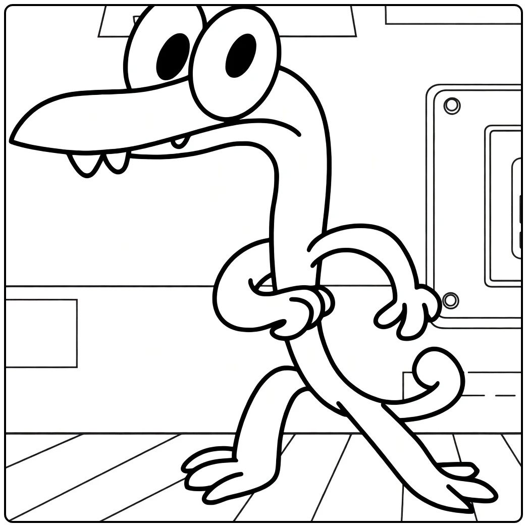 Orange Rainbow Friends coloring page featuring the crocodile character indoors