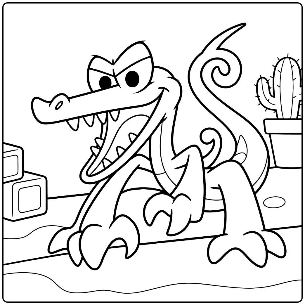 Orange Rainbow Friends coloring page showing a desert crocodile scene