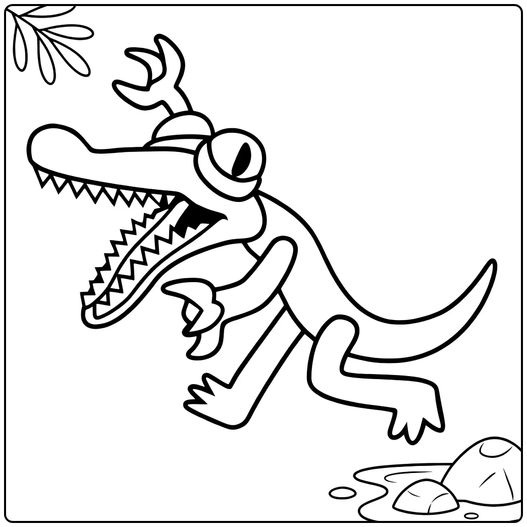 Orange Rainbow Friends coloring page featuring the crocodile character running