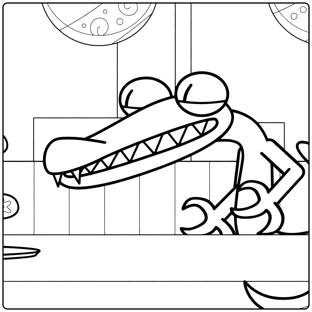 Orange Rainbow Friends coloring page showing the crocodile character peeking over a table