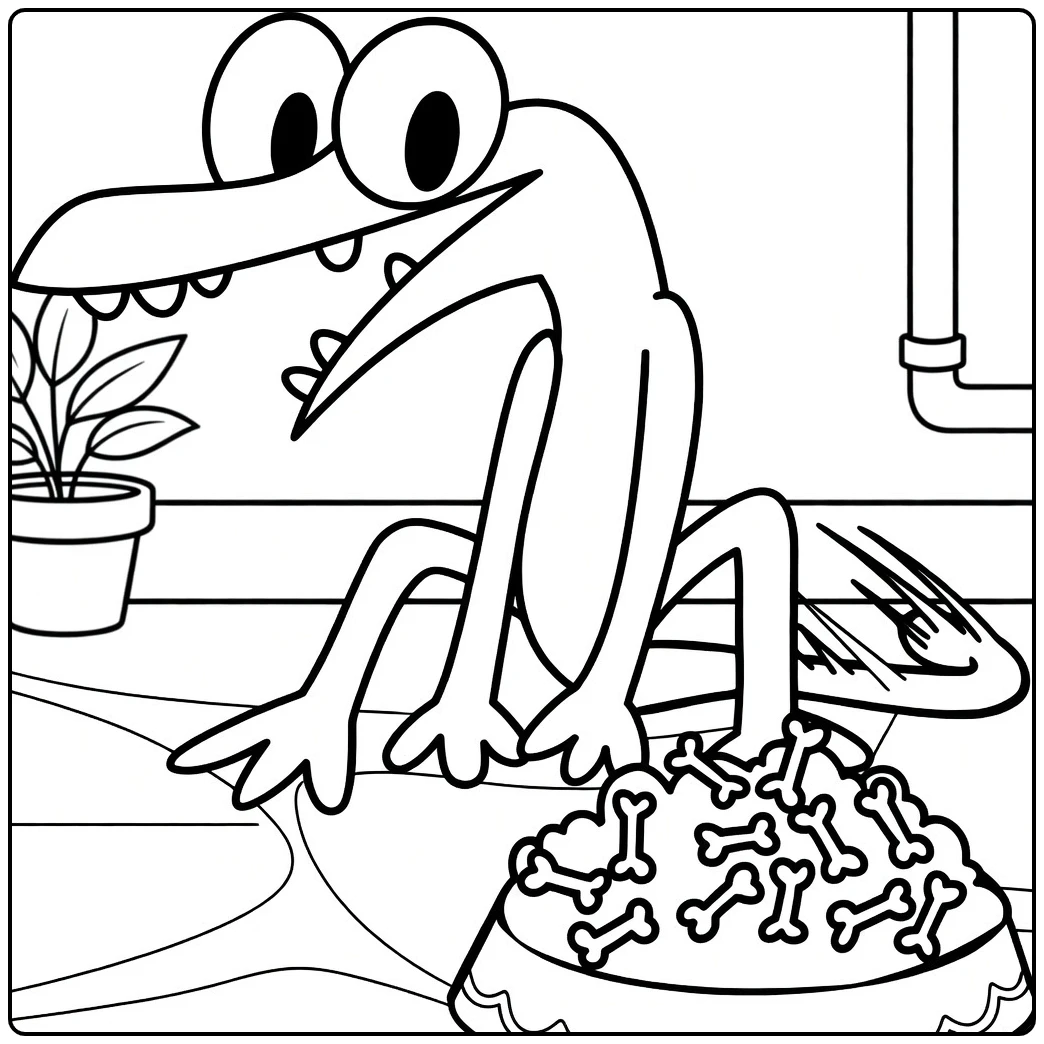 Orange Rainbow Friends coloring page featuring the hungry character eating bones