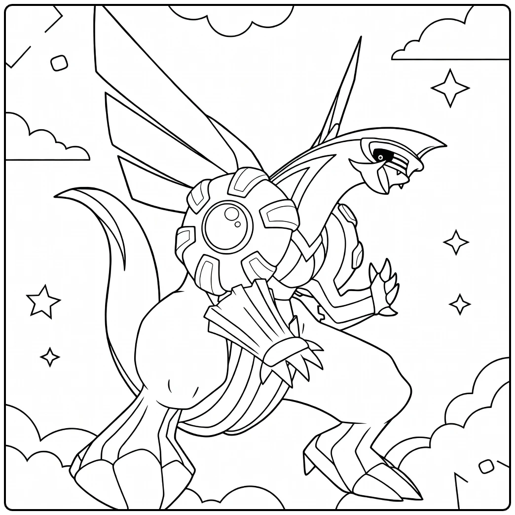 palkia coloring page in action with clouds and stars