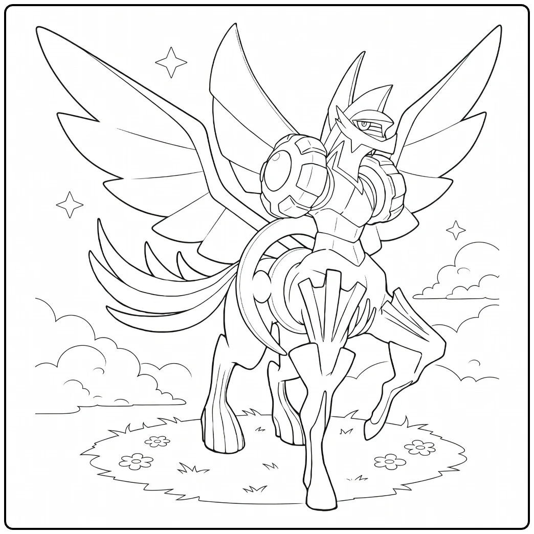 palkia origin forme coloring page on grass with flowers
