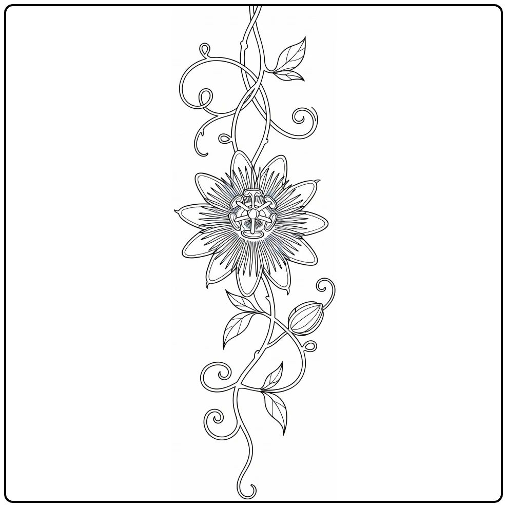Passion flower coloring page featuring a flower on a hanging vine