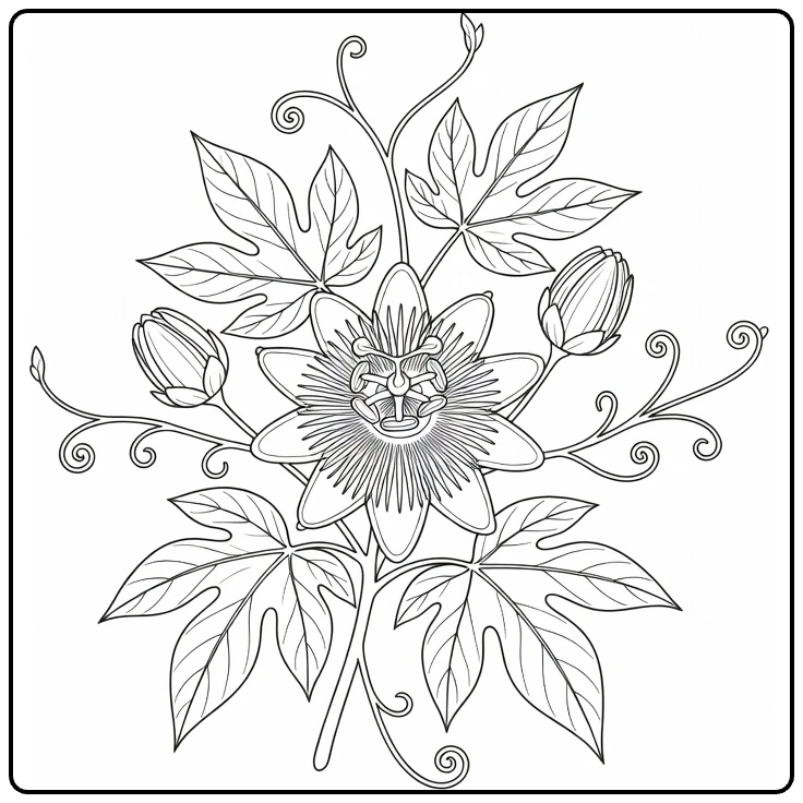 Passion flower coloring page showing a blooming branch and flower buds